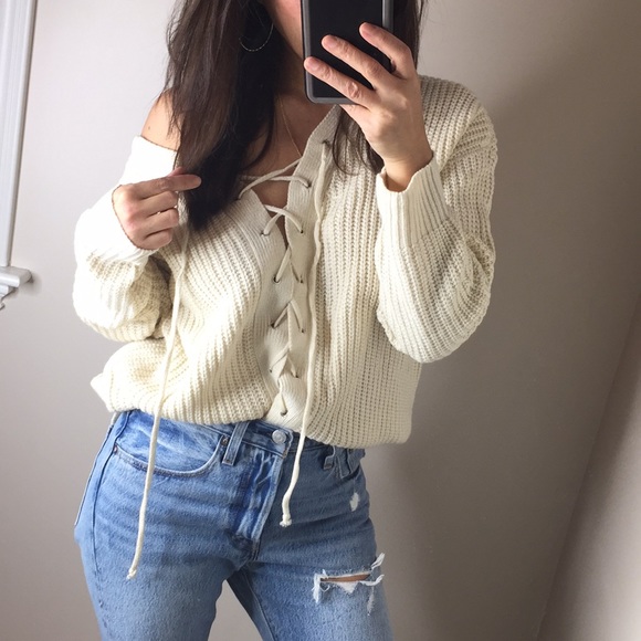 Oversized Lace up back chunky sweater - Picture 3 of 7